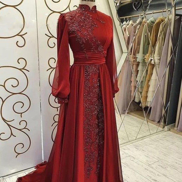 Stand Collar Luxury Long Sleeve Evening Dress - Onouthati