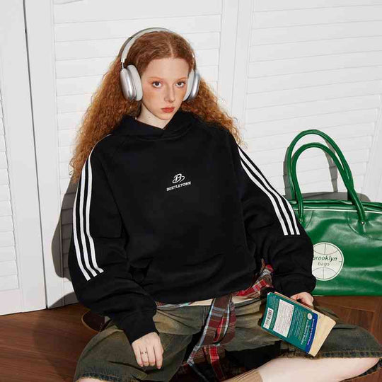 Retro Sports Raglan Striped Hooded Sweater For Women - Onouthati