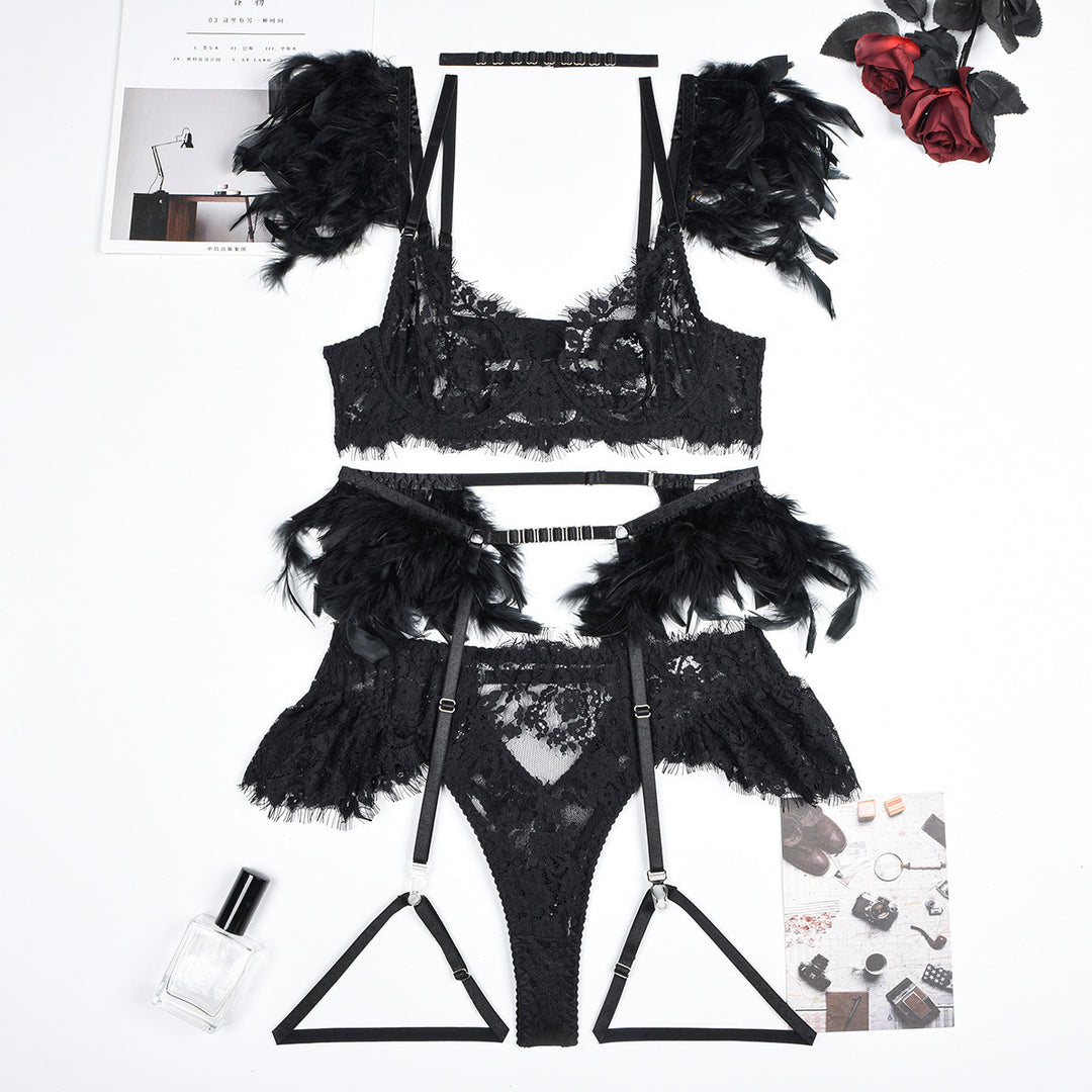 Feather Sexy Lingerie Lace Women Underwear Bra Panty - Onouthati