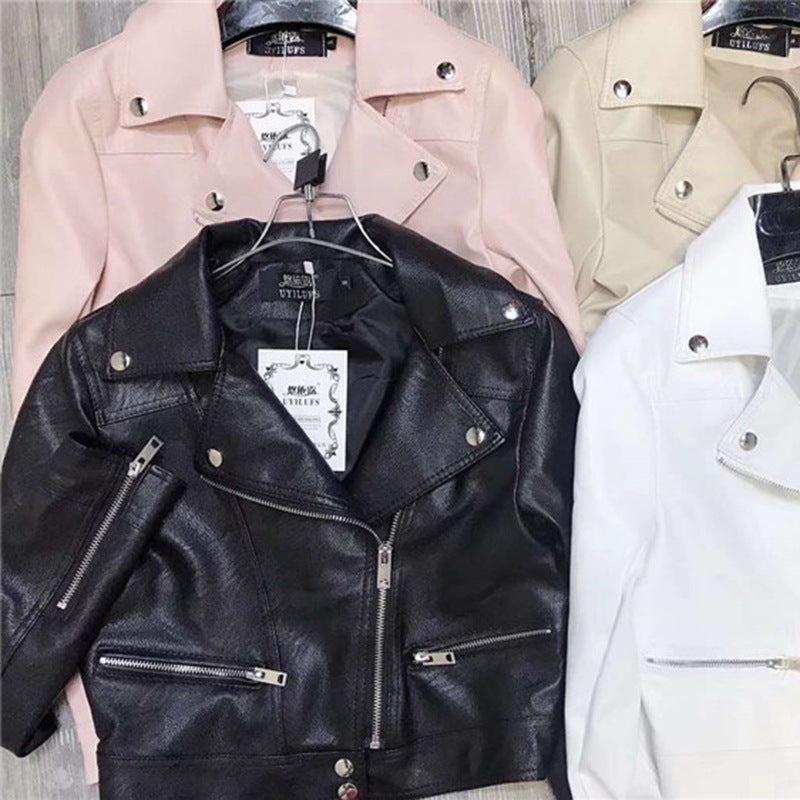 Motorcycle Leather Women's Short Slim Fit Plus Size Washed Leather Jacket - Onouthati