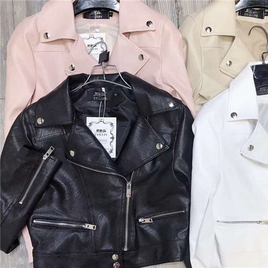 Motorcycle Leather Women's Short Slim Fit Plus Size Washed Leather Jacket - Onouthati