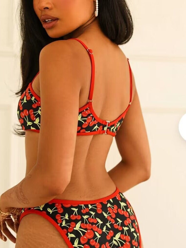 New Cherry Print Tube Top Bikini Swimsuit For Women