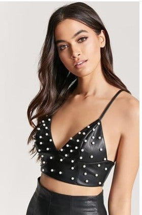 Simplee Pu leather pearl crop top women Strap backless camisoles tanks Summer style streetwear cropped sexy top female - Onouthati