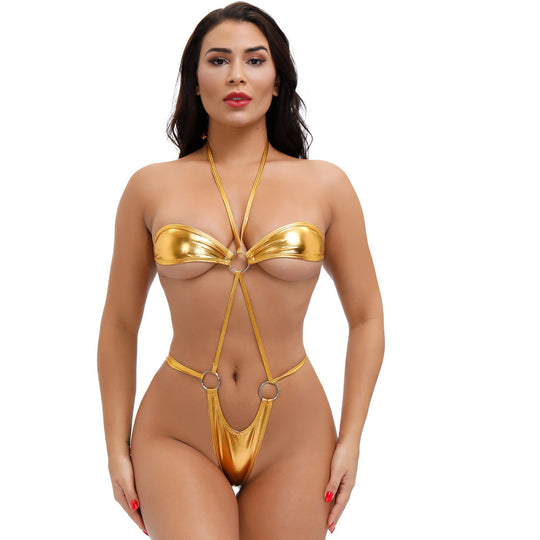 Seaside Imitation Leather Three-Point Bikini Bra T-Shirt Tie Suit Size Women - Onouthati