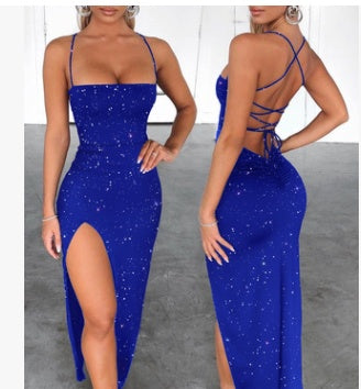 Women Backless High Split Maxi Party Dress Solid Color Spaghetti Strap Bandage Slit Long Dress - Onouthati