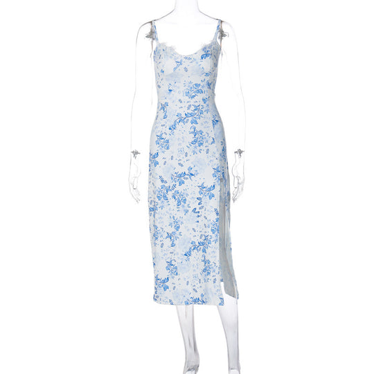 Lace Flowers Print Long Dress Sexy Fashion Slit Suspender Dress Summer Womens Clothing - Onouthati