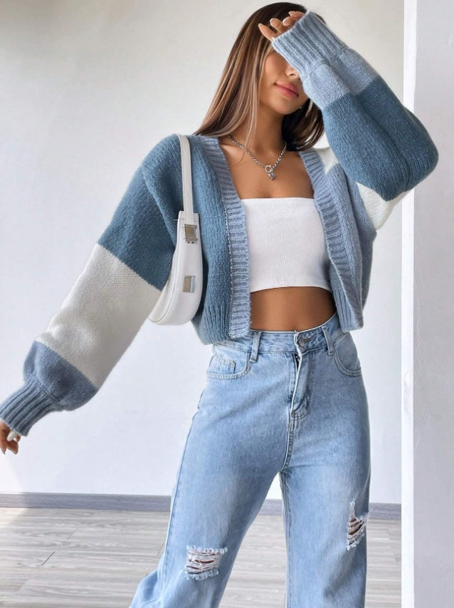 Flirla Colorblock Drop Shoulder Duster Cardigan,Long Sleeve Tops - Onouthati