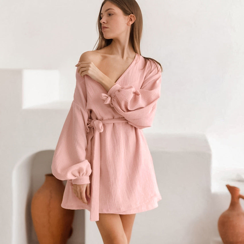 Long Sleeve Nightgown Loose-fitting Loungewear Pajamas For Women Double-layer Gauze Moisture-wicking Clothing - Onouthati