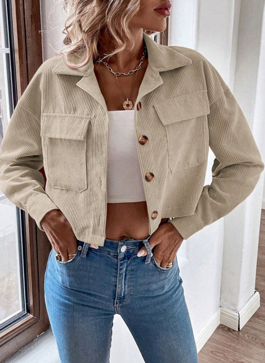 Women's Fashion Short Corduroy Button Jacket Casual Short Coat - Onouthati
