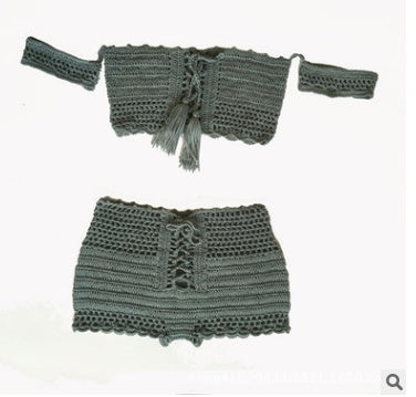 Knitted Swimwear Women Bikini Set Off Shoulder Swimsuit Bandeau Swimming Suit for Women Bandage High Waist Bathing Suit - Onouthati