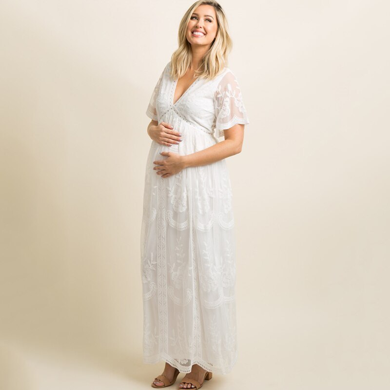 Maternity Dresses for Photo Shoot Summer V Neck White Lace Short Sleeve Pregnancy Dress Pregnant Women Photography Maxi Dress - Onouthati