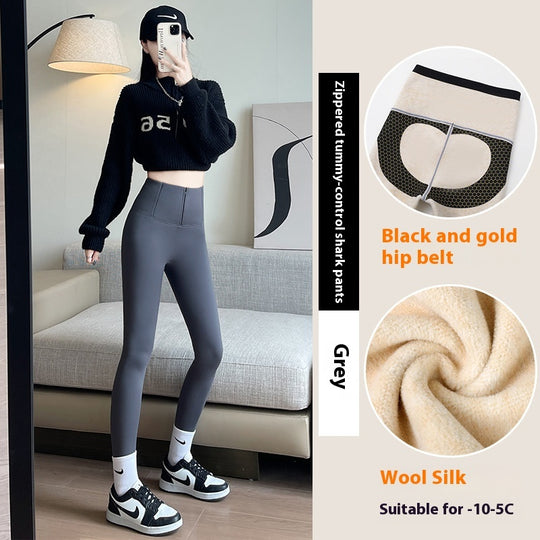 Belly-controlling Butt Lifting Leggings With Three-breasted Design Winter High Waist Slim Zippere Pants Warm Velvet And Thickened Trousers Women Clothing - Onouthati