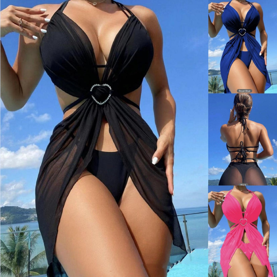 3pcs Halter Neck Bikini Beach Summer Solid Color Split Swimsuit Womens Clothing - Onouthati