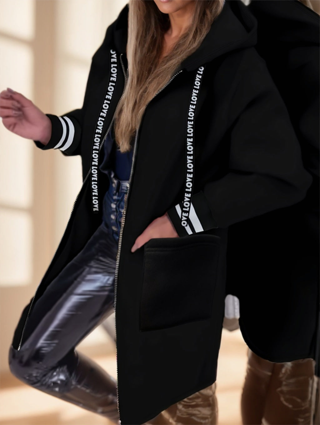 Women'S Elegant Hooded Zip-Up Jacket - Onouthati