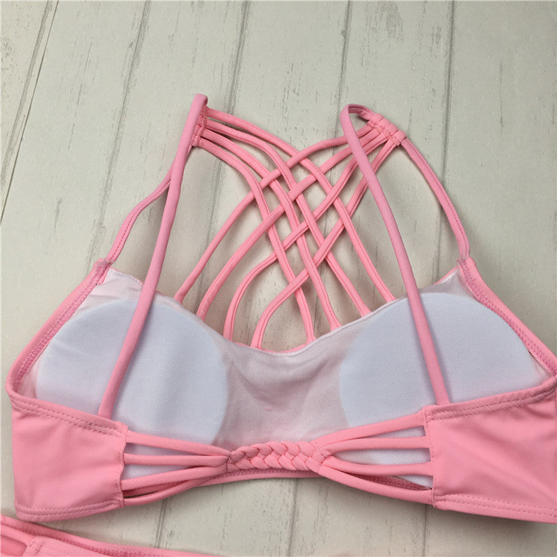 cut out Bikinis Sexy pink bandage cut out Halter bikini swimsuit women cross Women's swimwear swimming suit - Onouthati
