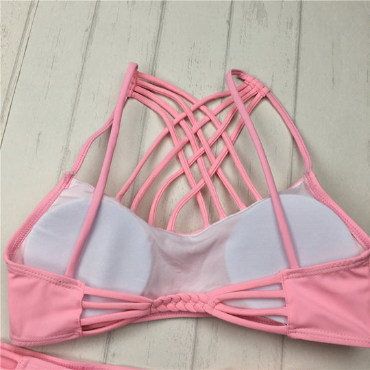 cut out Bikinis Sexy pink bandage cut out Halter bikini swimsuit women cross Women's swimwear swimming suit - Onouthati