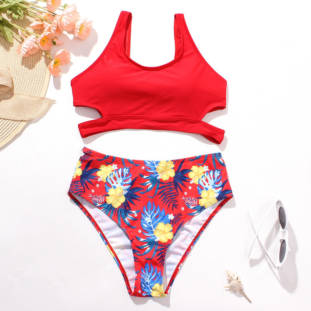 Ladies High Waist Solid Color Printed Swimsuit - Onouthati