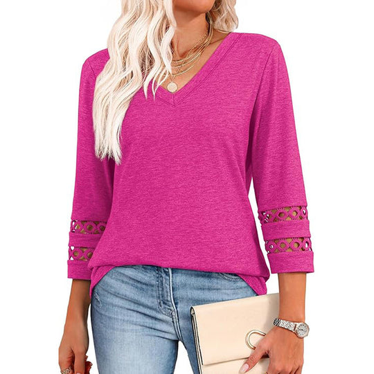 Solid Color Loose V-neck 34 Sleeves Women - Onouthati