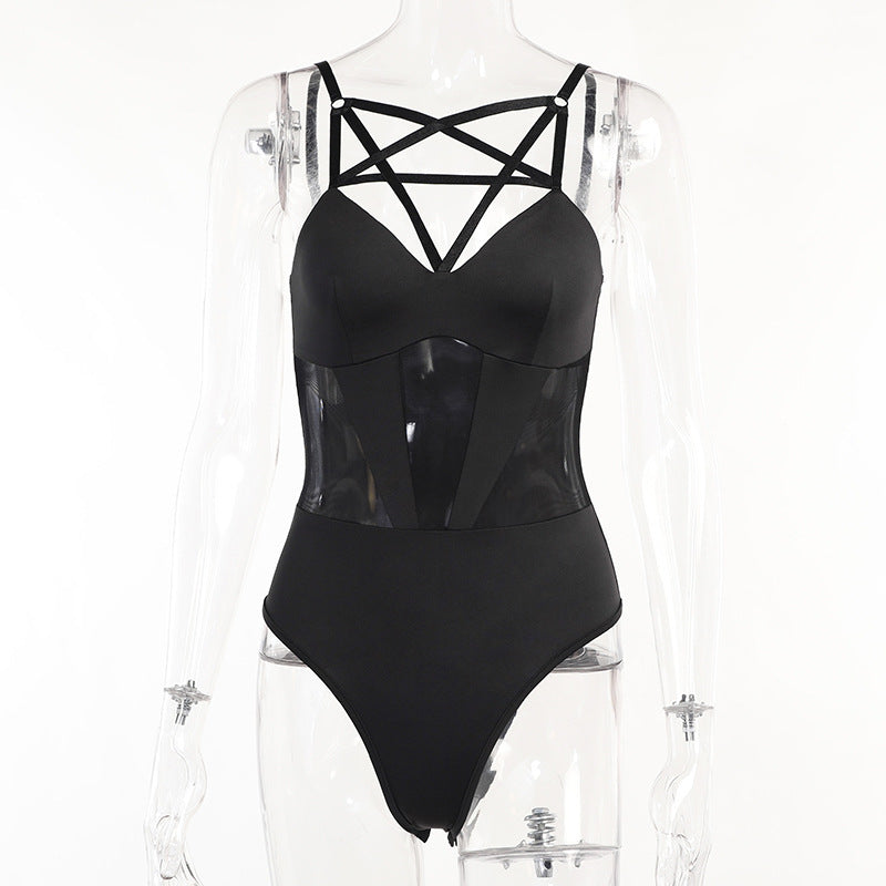 Pentagram Hollow Gothic Mesh See-through Jumpsuit Women - Onouthati