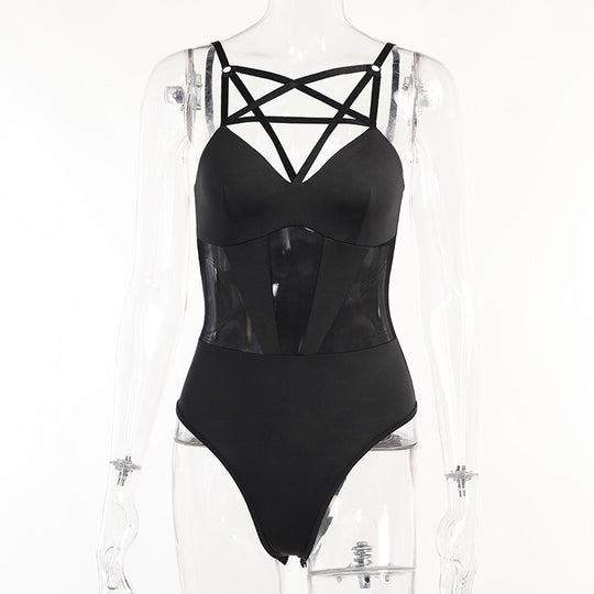 Pentagram Hollow Gothic Mesh See-through Jumpsuit Women - Onouthati