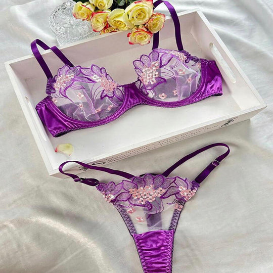 Purple Embroidered Ribbon Steel Ring Underwear Suit Women - Onouthati