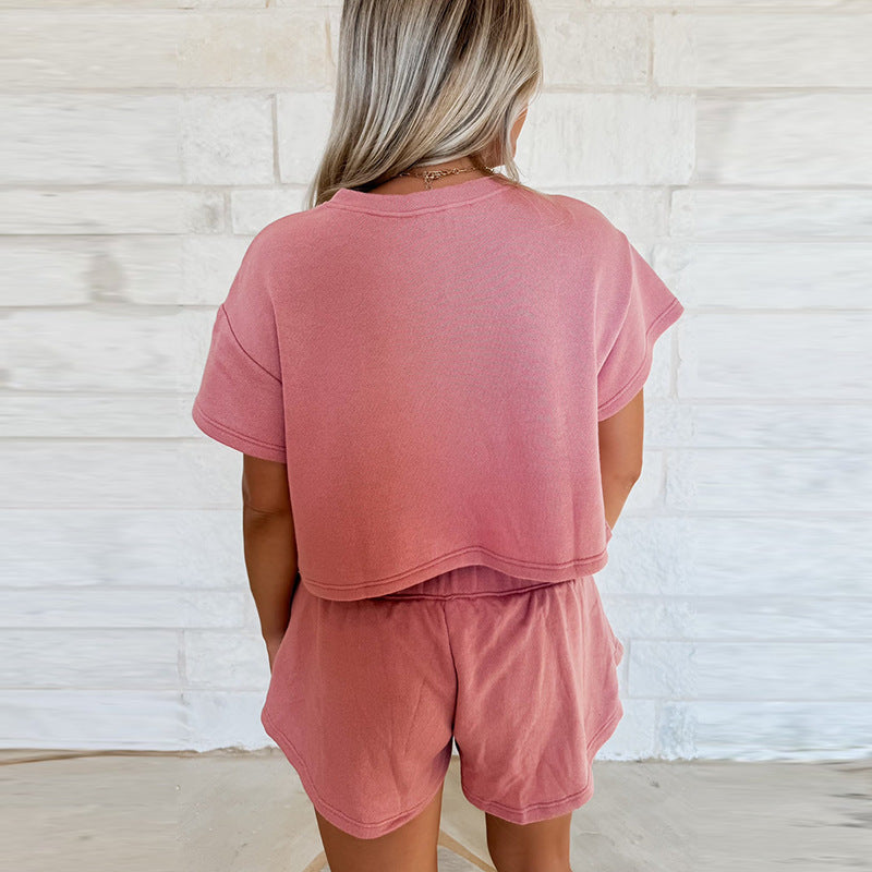 New Solid Color Short Sleeve Casual Suit Women - Onouthati