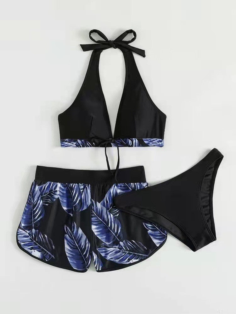 3pcs Leaf Print Bikini With Shorts Fashion Summer Beach Swimsuit Womens Clothing - Onouthati