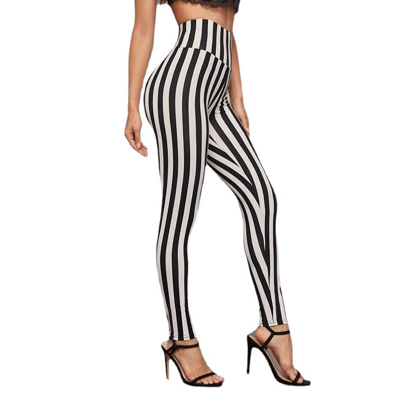 Vertical Stripes High Waist Leggings Cropped Skinny Pants - Onouthati