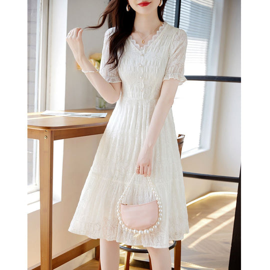 Fairy Style V-neck Lace Stitching Dress Women - Onouthati