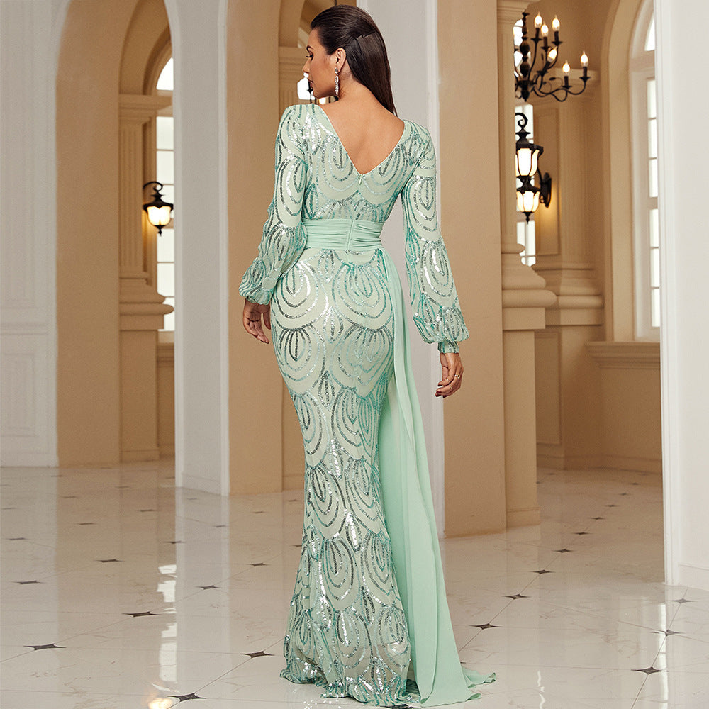 Long Sleeve Sexy Long Sequined V-neck Banquet Ribbon Evening Dress - Onouthati