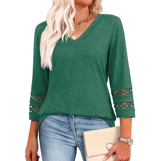 Solid Color Loose V-neck 34 Sleeves Women - Onouthati