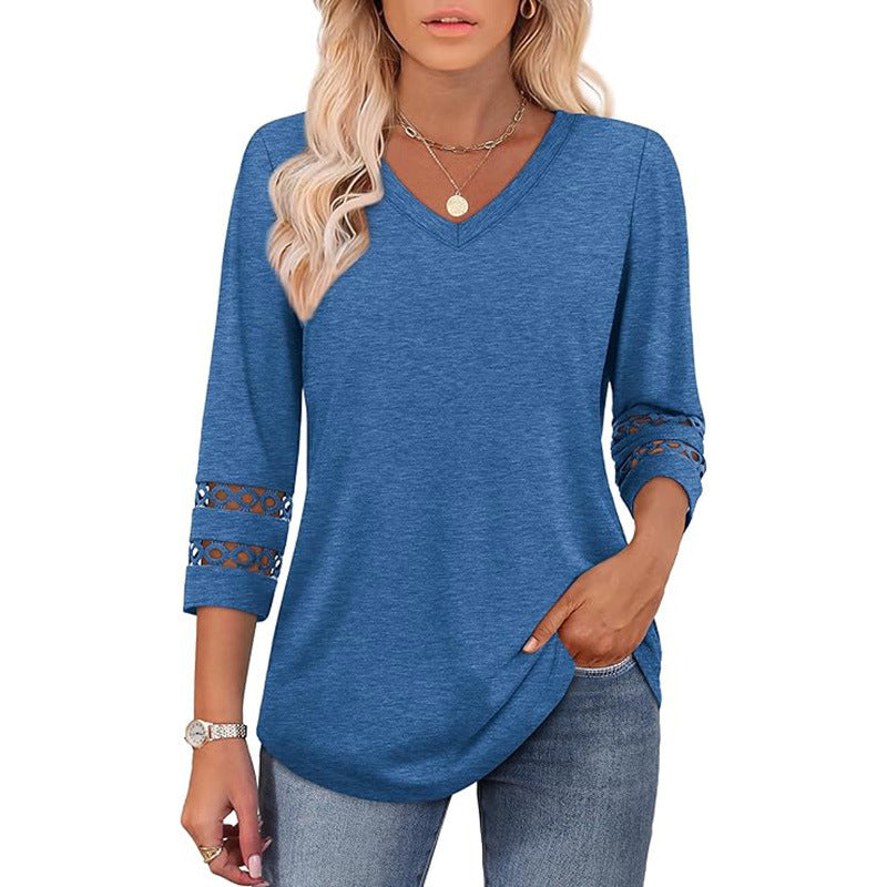 Solid Color Loose V-neck 34 Sleeves Women - Onouthati