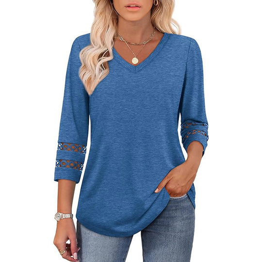 Solid Color Loose V-neck 34 Sleeves Women - Onouthati