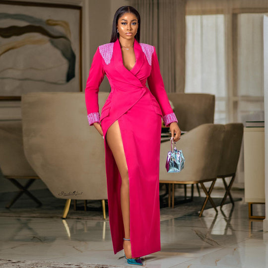 Rose Red Suit Collar Deep V Split High Waist Dress - Onouthati