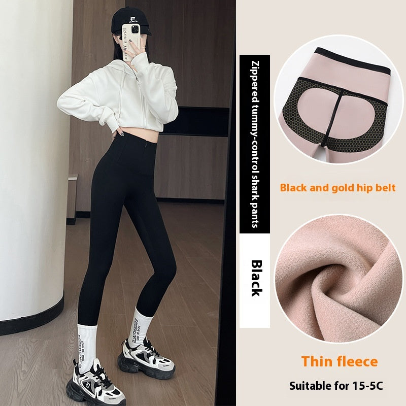 Belly-controlling Butt Lifting Leggings With Three-breasted Design Winter High Waist Slim Zippere Pants Warm Velvet And Thickened Trousers Women Clothing - Onouthati