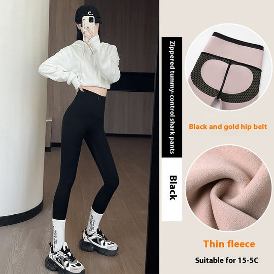 Belly-controlling Butt Lifting Leggings With Three-breasted Design Winter High Waist Slim Zippere Pants Warm Velvet And Thickened Trousers Women Clothing - Onouthati