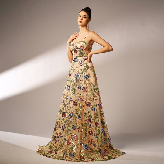 Elegant Sleeveless Sequined Suspender Evening Dress - Onouthati