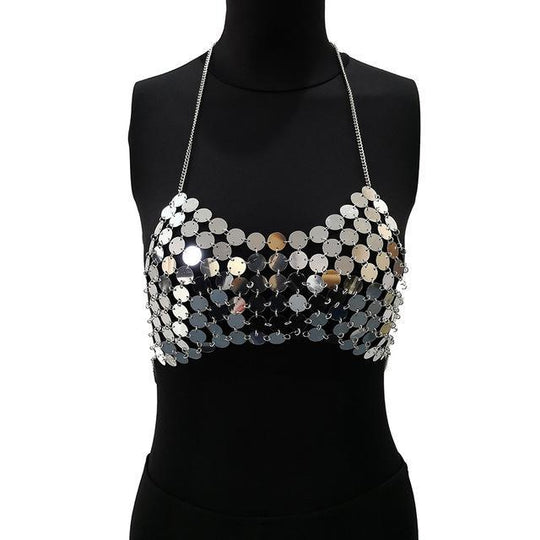 Sexy Metal Chain Tank Top Womens Silver Sparkly Sequins Hollow Plain Backless Club Vest Women Summer Beach Crop Tops - Onouthati