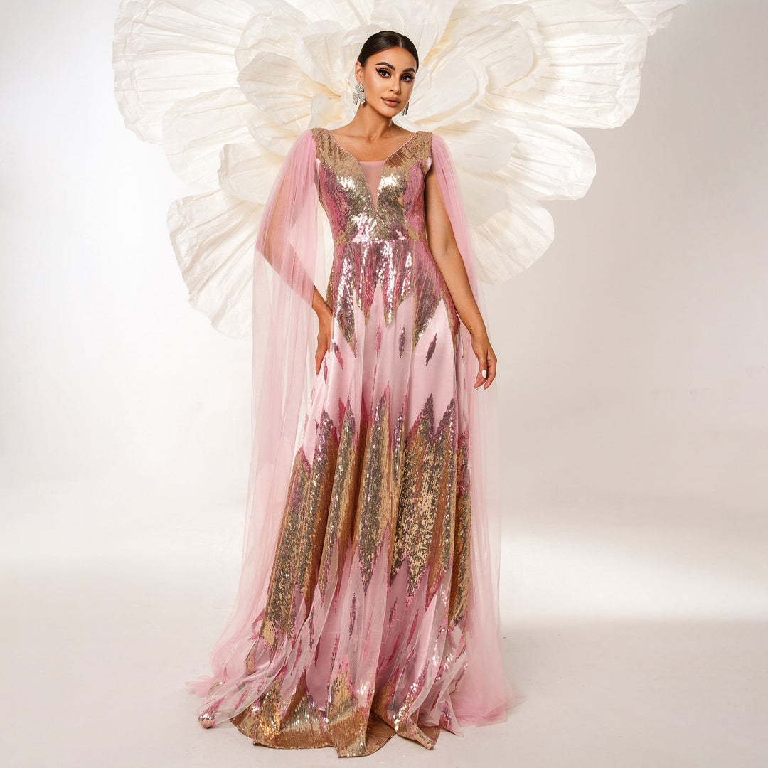 Mesh Long Sleeve V-neck Sequins Large Swing Evening Dress - Onouthati
