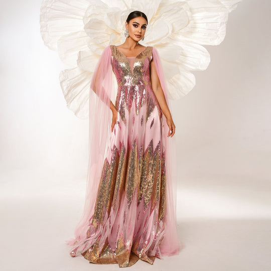 Mesh Long Sleeve V-neck Sequins Large Swing Evening Dress - Onouthati
