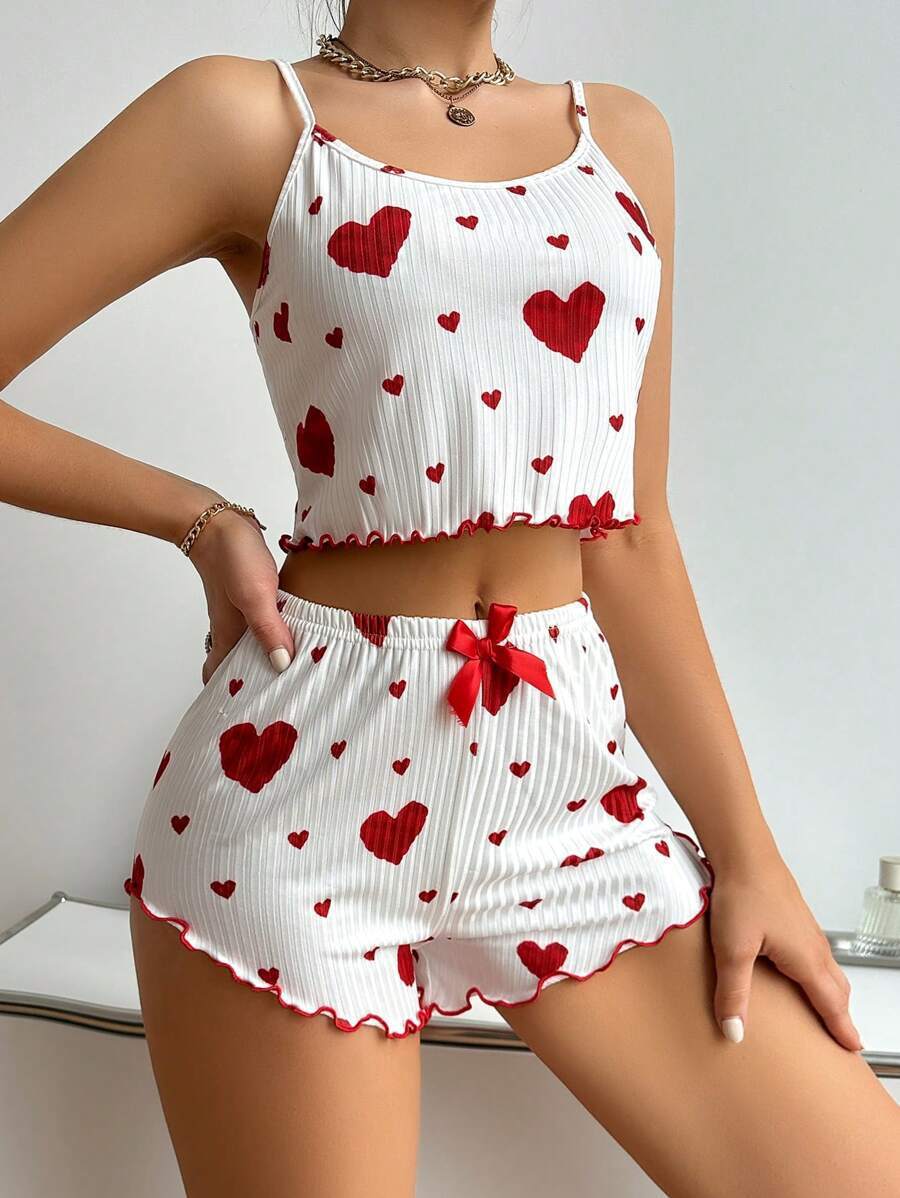 Heart Printing Suspender Shorts Casual Sunken Stripe Outerwear European And American Style Women Pajamas - Onouthati
