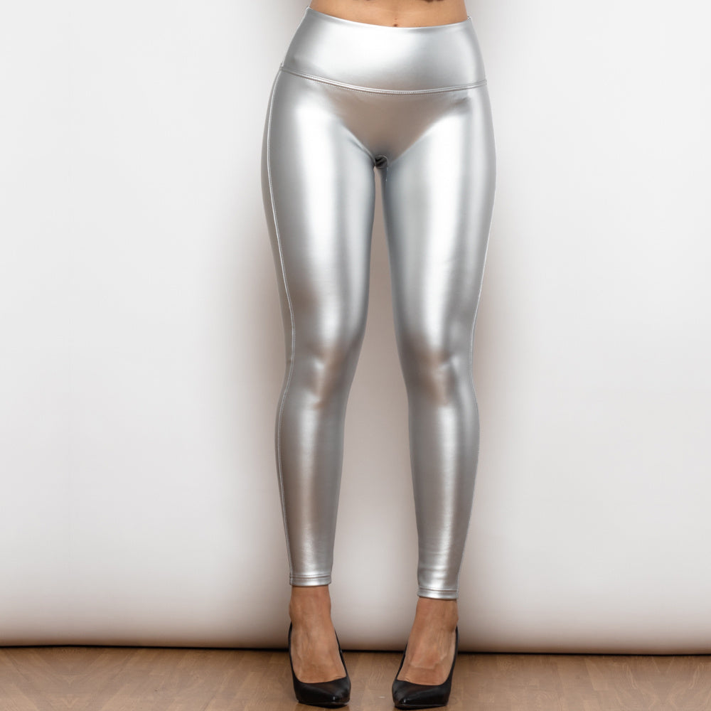 Shascullfites Melody Silver High Waist Leather V Shape Leggings Metallic Leggings Faux Leather Leggings For Women - Onouthati