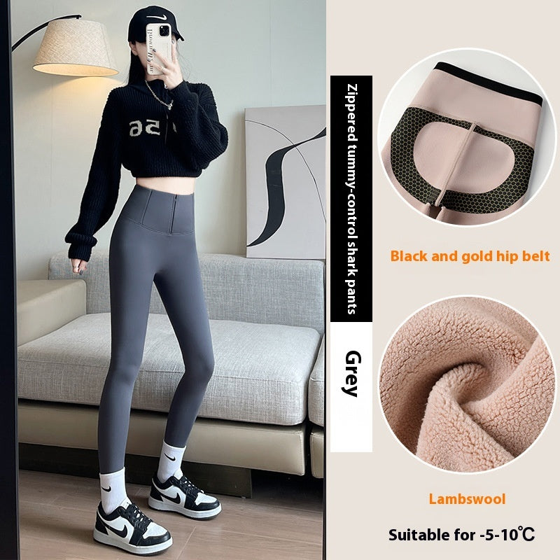 Belly-controlling Butt Lifting Leggings With Three-breasted Design Winter High Waist Slim Zippere Pants Warm Velvet And Thickened Trousers Women Clothing - Onouthati