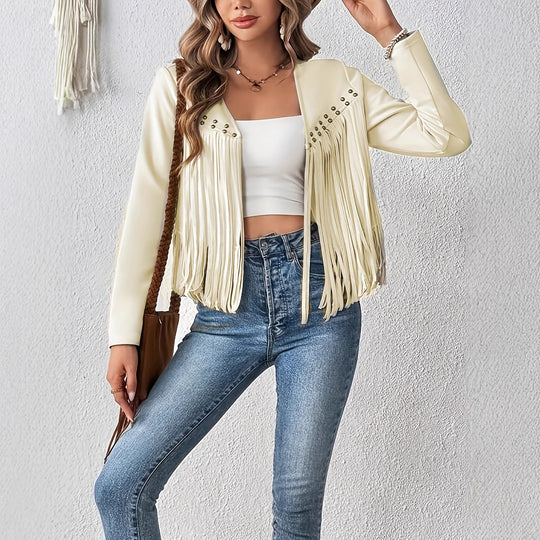 Women's Elegant Solid Color Tassel Trimmed Front Open Jacket Jacket - Onouthati