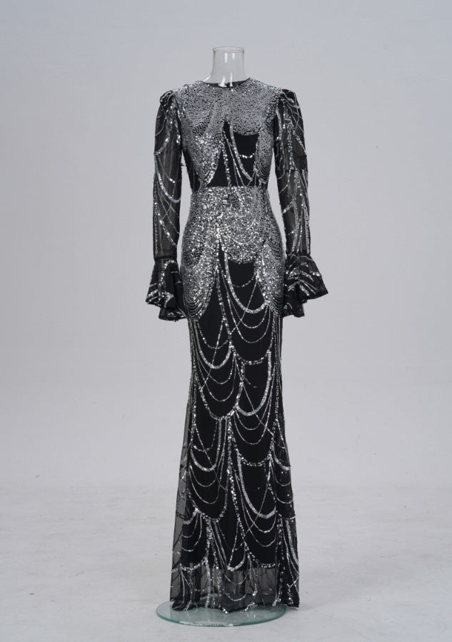 Long Sleeve Round Neck Slim-fit Sheath Sequined Banquet Fishtail Evening Dress - Onouthati