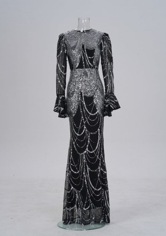 Long Sleeve Round Neck Slim-fit Sheath Sequined Banquet Fishtail Evening Dress - Onouthati