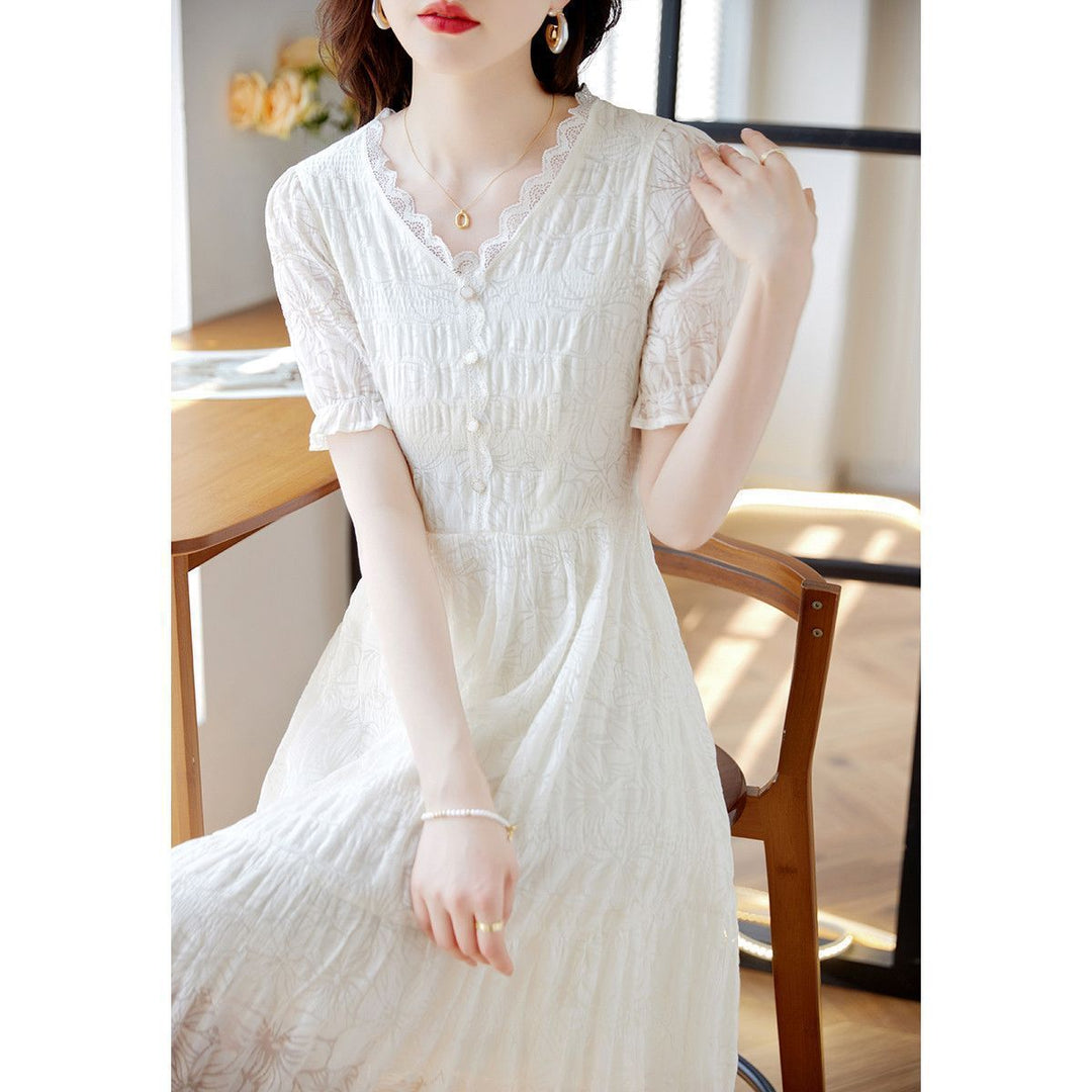 Fairy Style V-neck Lace Stitching Dress Women - Onouthati