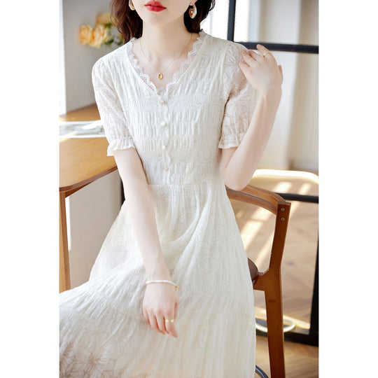 Fairy Style V-neck Lace Stitching Dress Women - Onouthati