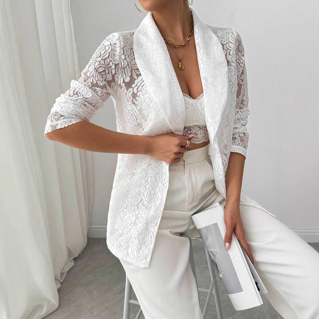 Lace Embroidery White Casual Blazer Women - Onouthati