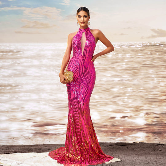 Round Neck Off-the-shoulder Slim-fit Sheath Sequined Banquet Fishtail Evening Dress - Onouthati